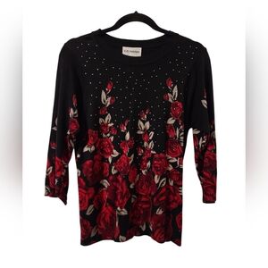 Cathy Daniels Petites Black Top with Red Floral Design